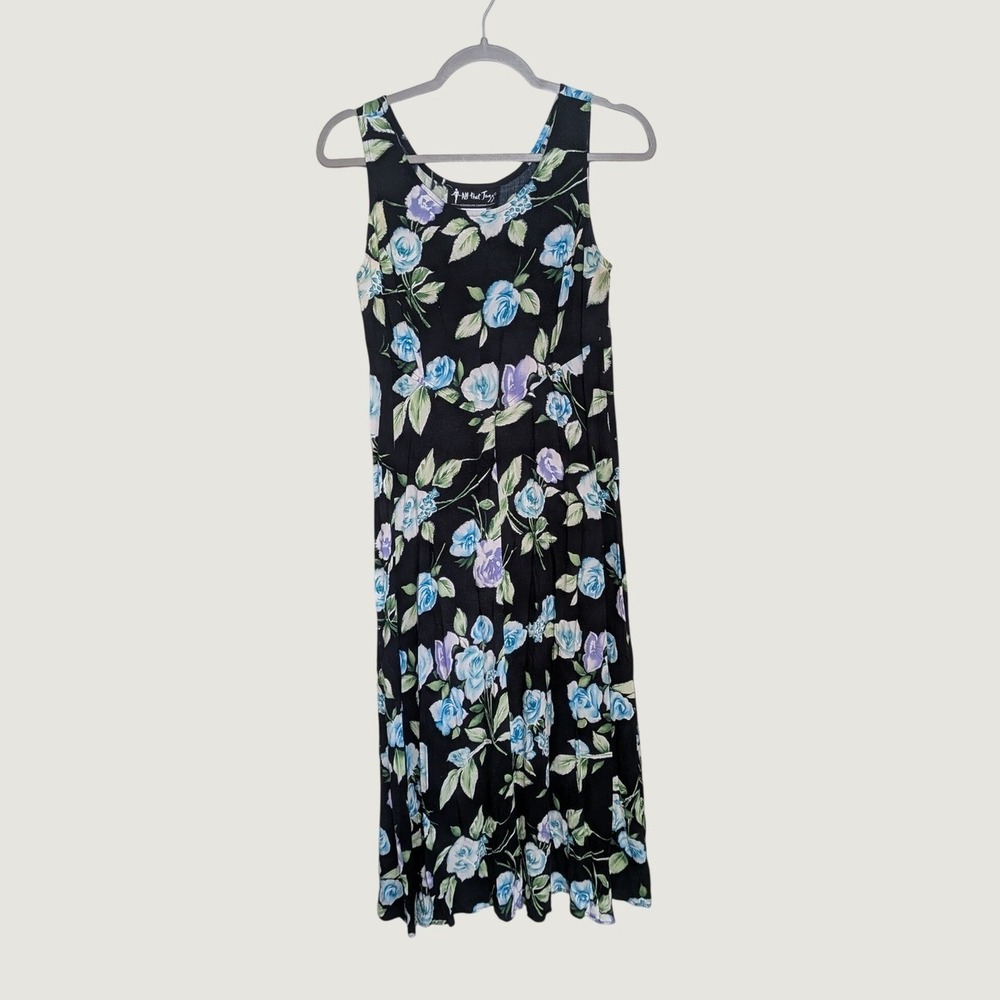 Vintage 90s All That Jazz Floral Midi Dress Black Blue Rose Lace Up Back 9/10